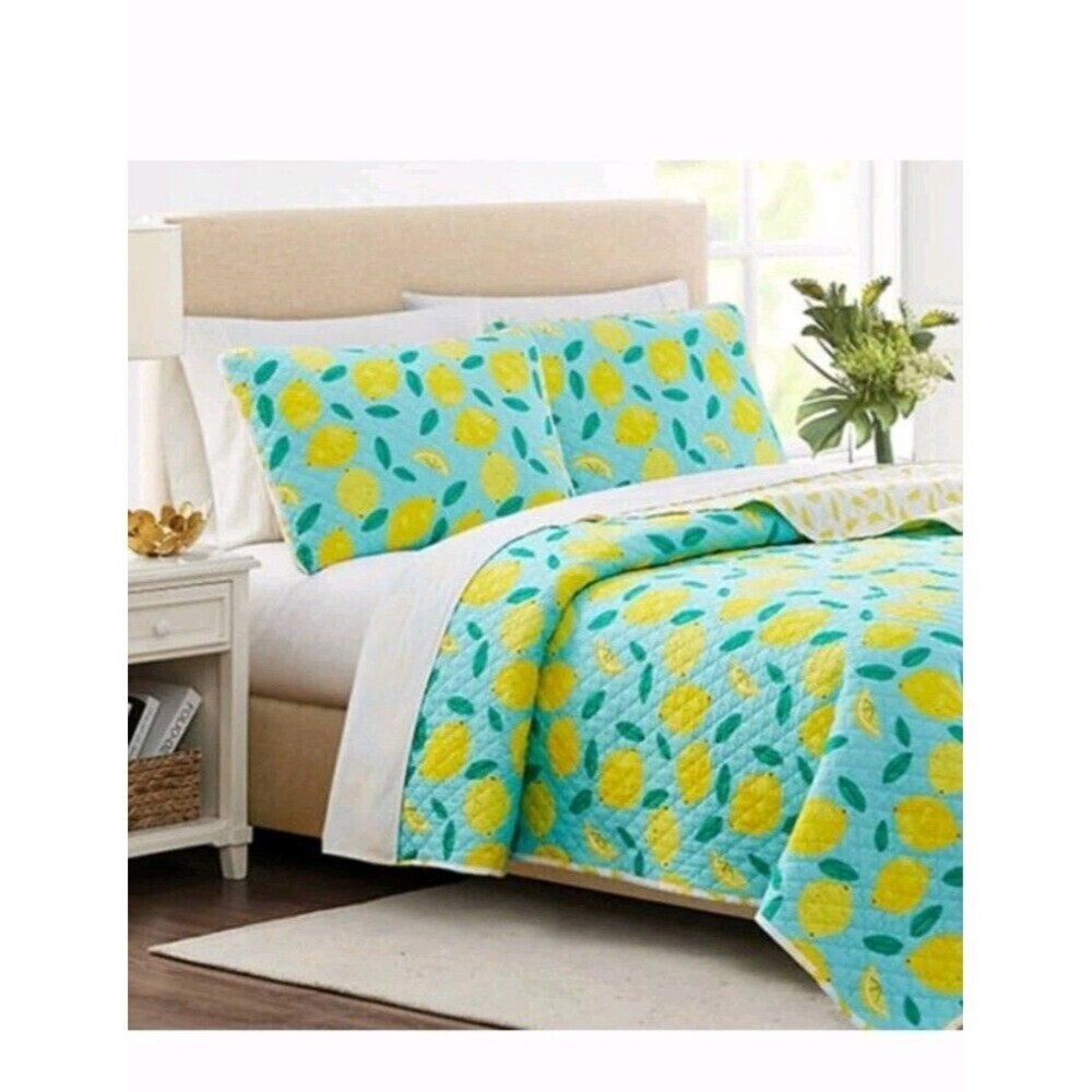 Modern Southern Home Lemons Reversible Full/Queen Quilt Set 100% Cotton New